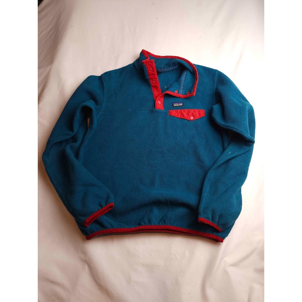 Patagonia Synchilla Fleece Jacket Kids Size 2XL 16-18 Teal Red Pullover Snap-T
